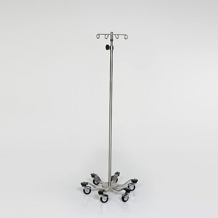 MIDCENTRAL MEDICAL SS IV Pole W/thumb knob, 2-Hook Top, 6-leg SS Spider Base W/3" Ball Bearing Casters MCM295-2